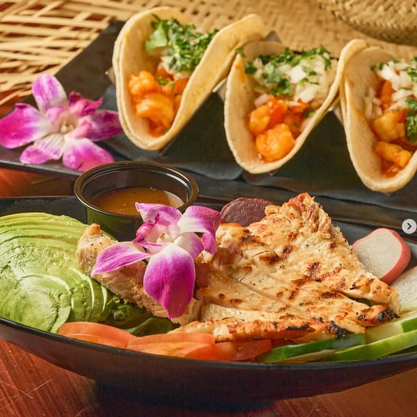 Grilled chicken with avocado, tomatoes, and cucumber, alongside shrimp tacos and a dipping sauce.