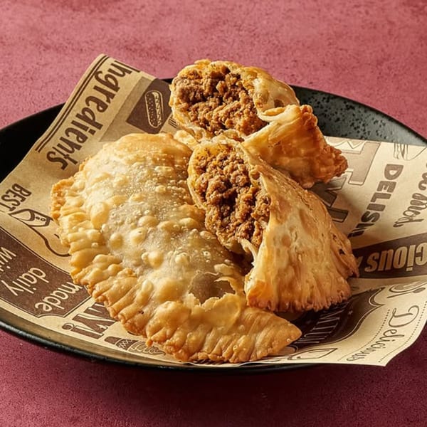 Three golden-brown Dominican empanadas, one broken open to reveal a savory meat filling, on a black plate.